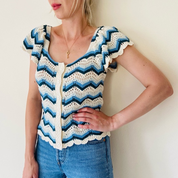 Broadway 38 Tops - New Broadway 38 crochet knit striped boho button down sweater blouse zigzag top